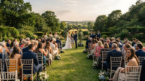 Back view of outdoor countryside wedding ceremony on green lawn