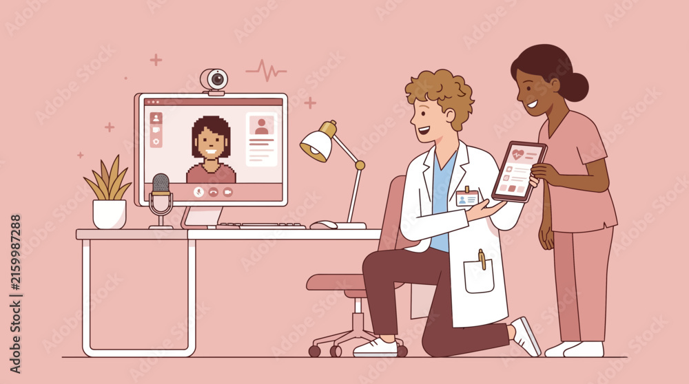 Fototapeta premium Telemedicine consultation: doctor and nurse with patient on screen