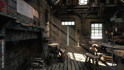 Vintage Woodworking Workshop Interior Rightward Reveal