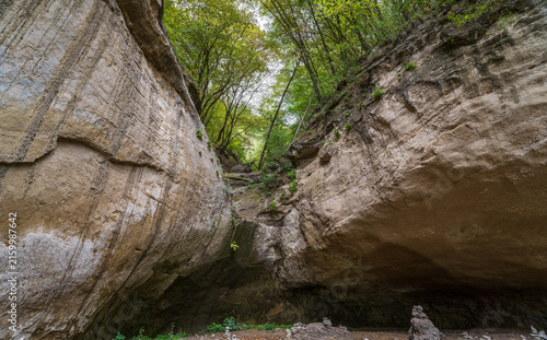 View of the cliffs and grottoes in Kislovodsk. Majestic rocky cliffs and towering trees against blue sky. View of the rocks in Kislovodsk, Russia.