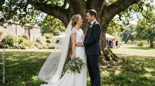 Smiling bride in white dress and groom in dark suit hugging under a large tree