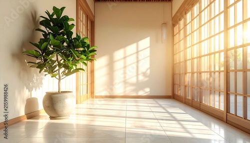 大きな観葉植物と繊細な格子戸がある明るい日本の玄関 和洋折衷と新生活のコピースペース背景