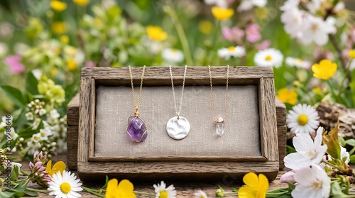 Three Delicate Gold Necklaces Displayed in a Rustic Wooden Box Amidst Spring Wildflowers