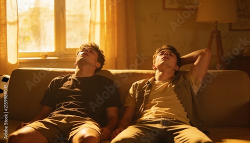 Napping two men in casual T-shirts and shorts on beige sofa at home, soccer ball tucked