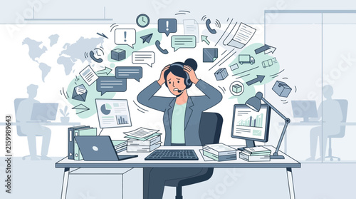 Overwhelmed businesswoman with many tasks and notifications in office