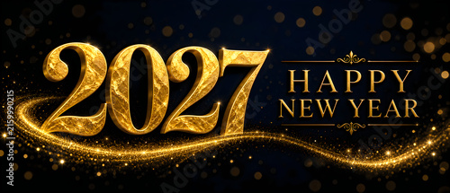 Elegant golden 2027 happy new year greeting card design featuring luxury metallic numerals glowing festive bokeh light particles celebratory party background image.