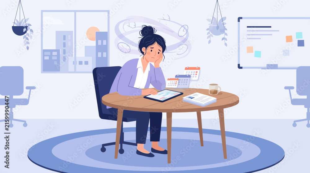 Fototapeta premium Stressed Woman Overwhelmed by Work, Busy Office Environment, Deadline Pressure