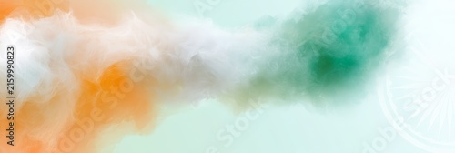 Abstract indian independence day smoke banner background with saffron white and green pastel hues and faint ashoka chakra for header design