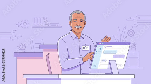 Senior man using digital assistant on computer, modern office, isolated