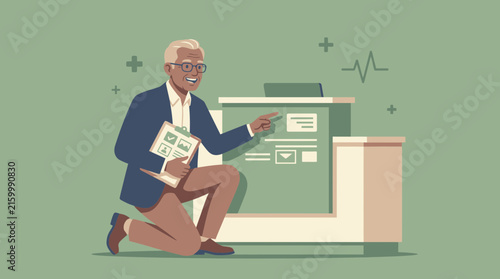 Senior man teaching, pointing at screen, isolated on transparent background