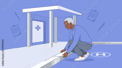 Senior Man Submitting Paperwork at Medical Facility Entrance