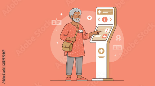 Senior Man Using Interactive Information Kiosk