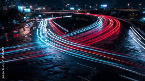 A dark, blurred long exposure photograph of a highway at night, dominated by dramatic red and blue light trails from passing cars, conveying strong motion and speed. 