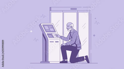 Senior Man Using Interactive Kiosk Display, Elevator Entrance