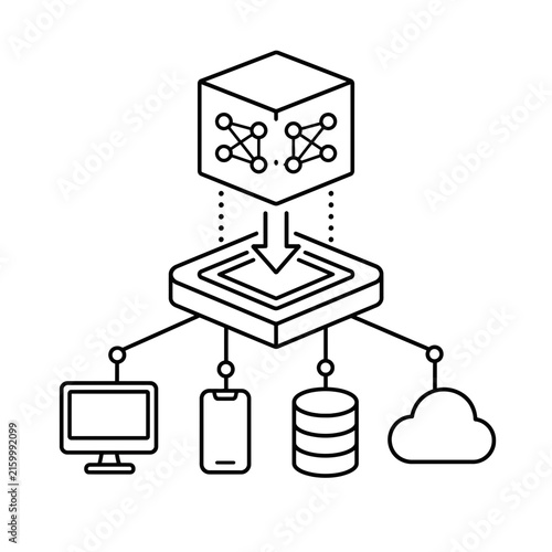 An icon depicting a data processing system with connections to various devices and cloud storage, representing network connectivity and digital information flow