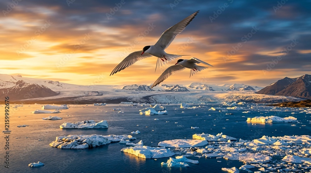Naklejka premium Two Arctic terns flying over a dramatic frozen landscape with floating icebergs illuminated by a stunningly beautiful warm golden sunset.