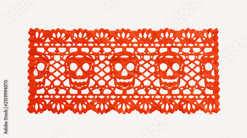 Neon Orange Mexican Papel Picado Sheet with Skull Cutout Pattern Isolated