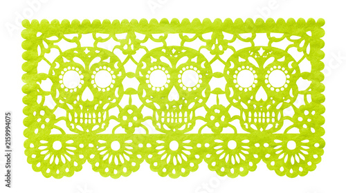 Neon Yellow Mexican Papel Picado Sheet with Skull Cutout Pattern Isolated