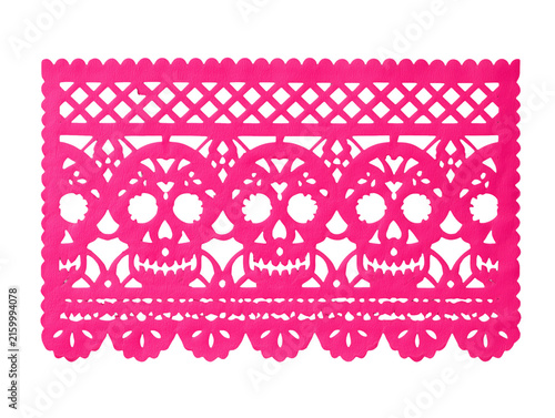 Neon Pink Mexican Papel Picado Sheet with Skull Cutout Pattern Isolated