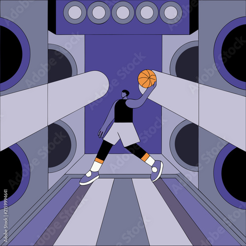 Basketball athlete performs a layup in a music studio.