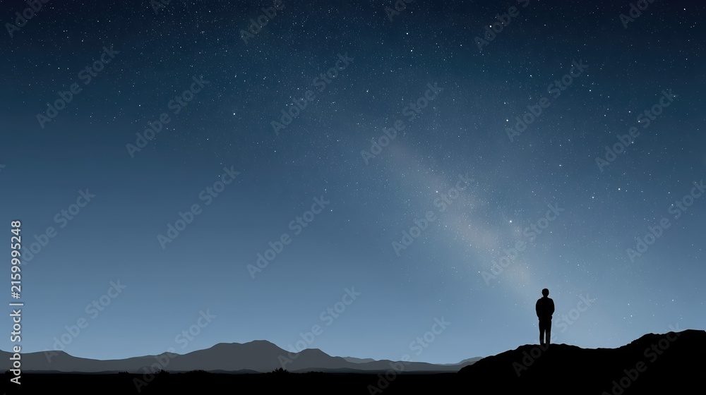 Fototapeta premium A lone figure stands silhouetted on a ridge beneath a brilliant, star-filled sky. The Milky Way stretches across the cool blue night, illuminating distant mountains.