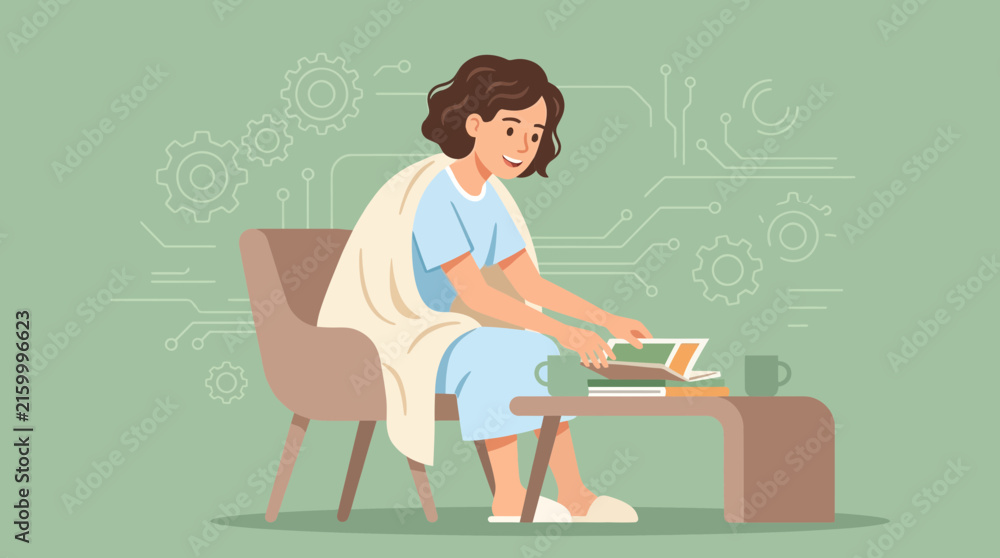 Fototapeta premium Person reading book on chair, surrounded by technology icons on green background