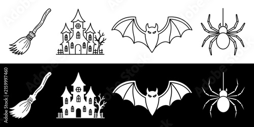 Halloween Witch Broom, Haunted House, Bat and Spider Outline Icon Set