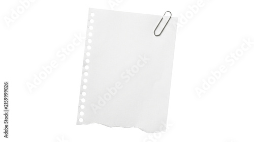 Minimalist white torn notebook paper with metal paperclip, blank spiral page scrap on white background, office memo stationery