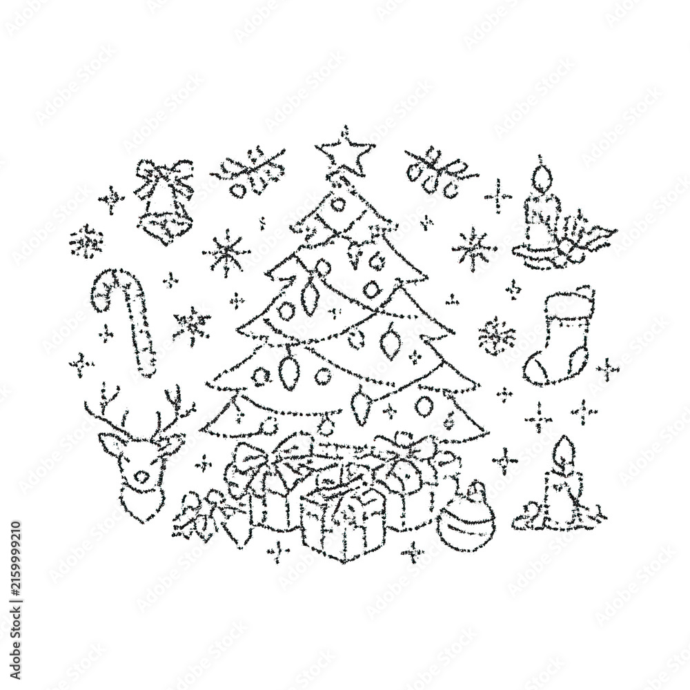 Fototapeta premium Christmas tree doodle set with ornaments and gifts, PNG transparent background