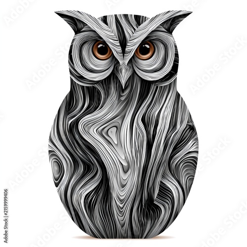 Black and white abstract owl with flowing optical pattern isolated on white background