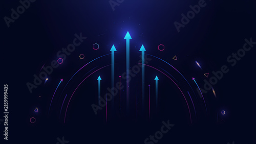 Futuristic glowing blue and purple arrows shooting upward through neon arcs on a dark technological background, created with generative ai.
