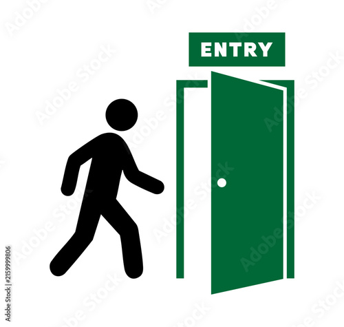 Entry sign icon with a person silhouette walking through an open door, silhouette