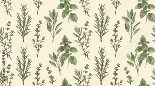 Watercolor herb pattern, a seamless botanical design featuring fresh rosemary, sage, and thyme sprigs. A natural, organic background for culinary and wellness branding.