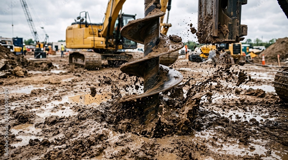 Fototapeta premium Construction auger drill bit churning through wet muddy brown soil with dirt clods splashing violently near a large yellow excavator.