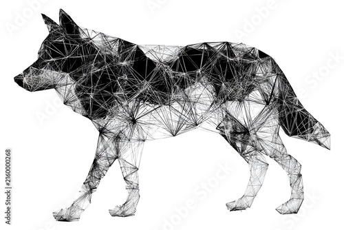 Abstract black and white wolf with geometric network lines isolated on white background