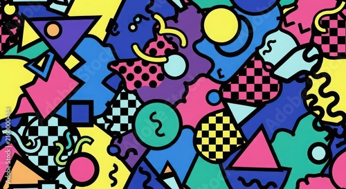 Vibrant geometric pattern with abstract shapes in bright neon colors.