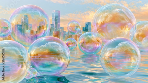 Iridescent bubbles floating around futuristic city over reflective water