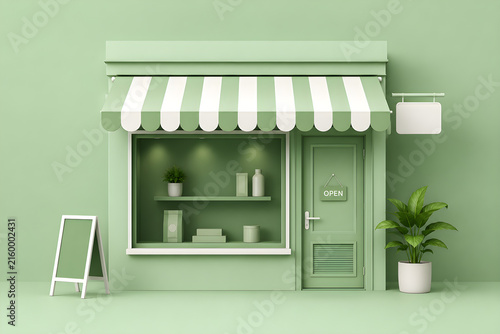 Minimal pastel green storefront mockup with blank signage, striped awning, display window and plant