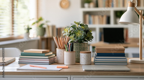Student desk organization book pencil plant lamp notebook office study workspace with tidy school supply calm home interior shelf computer window light