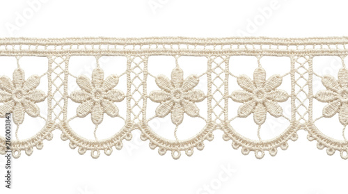 Cuadro en lienzo Vintage cream lace trim with floral embroidery, elegant white crochet ribbon bor