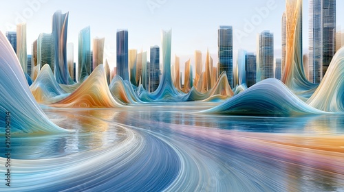 Futuristic city with flowing abstract architecture and reflective landscape