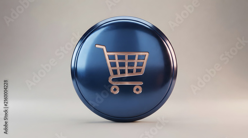 Metallic blue shopping cart button with gold outline represents e-commerce solutions for digital marketing.