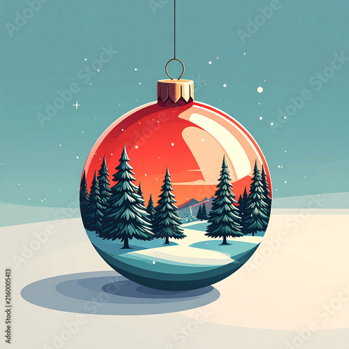 Isometric Red Bauble with Winter Forest Illustration Inside