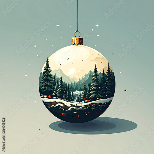 Isometric Christmas Bauble with Snowy Forest Scene Inside
