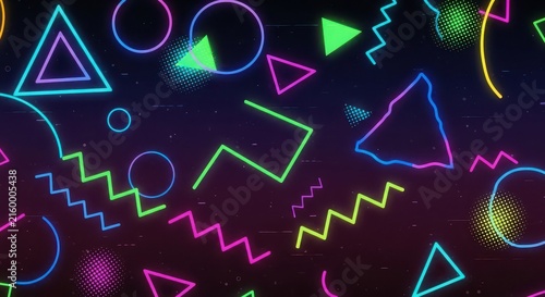 Vibrant geometric shapes and zigzag lines on a dark cosmic background.
