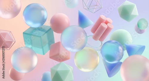Abstract pastel geometric shapes and spheres floating in space  
