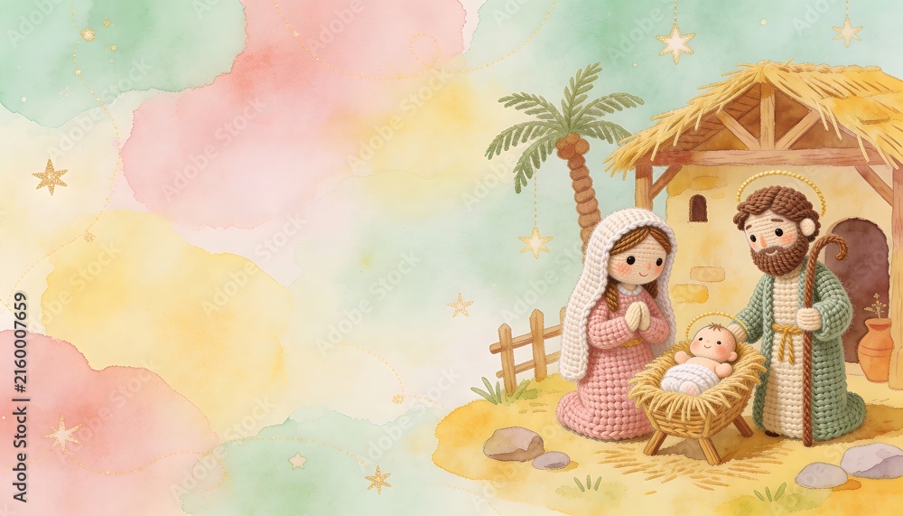 Fototapeta premium Knitted nativity scene with woman, man, and baby Jesus beside a rustic stable. Religious Christmas illustration with soft pastel background and copy space for greeting card design