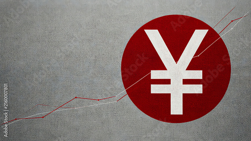 Japanese yen currency symbol in a red sun icon with rising red line chart against a textured gray background, created with generative ai.
