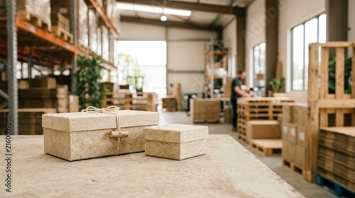 Sustainable cardboard packaging boxes in a clean industrial warehouse workshop