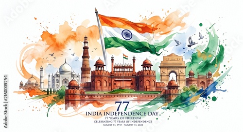 India Independence Day concept art, iconic Indian landmarks including Red Fort, India Gate and historic architecture combined with Indian national flag.